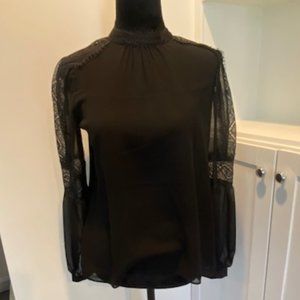 NWT!! WHBM BLACK LONG SLEEVE BLOUSE WITH LACE EMBELLISHED ARMS & NECK!! SZ XS!